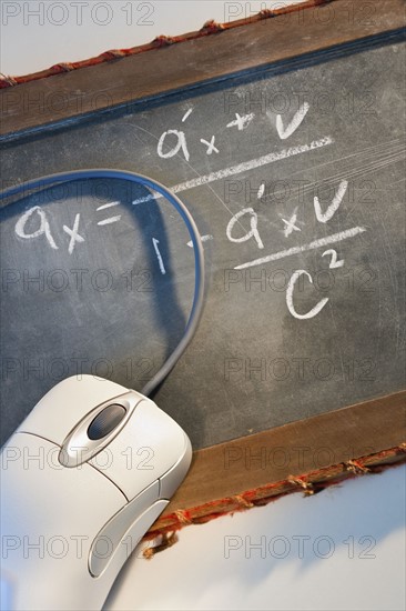 Computer mouse and chalkboard.