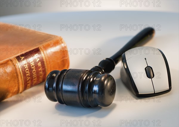 Computer mouse and gavel.