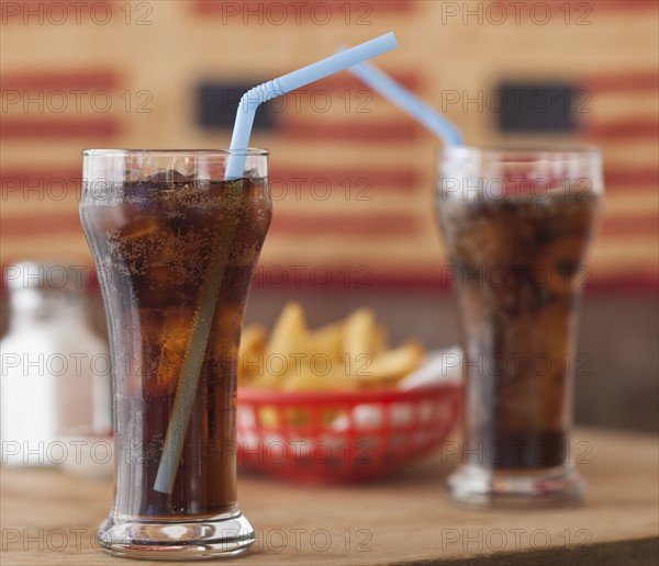 Soda on table in diner.