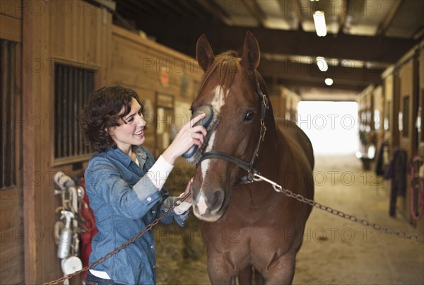 Woman grooming horse.