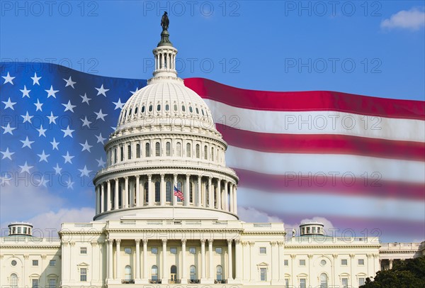 Capitol building and American flag.