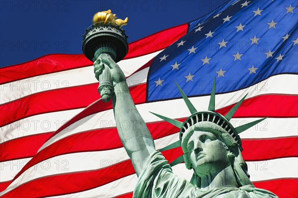 Statue of liberty and American flag.