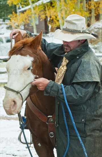 Man putting bridle on horse.