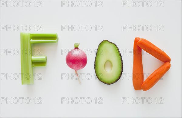 Vegetables spelling the word food. Photographer: Mike Kemp