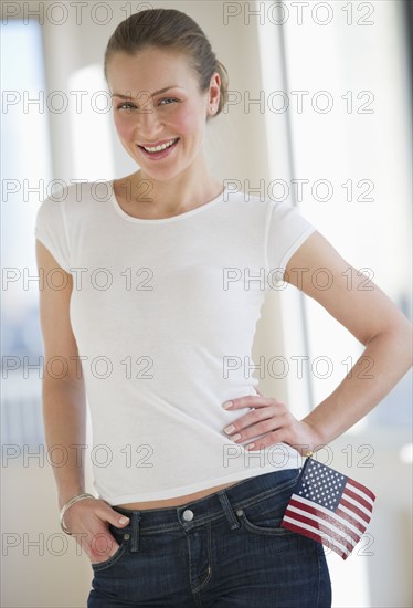 Woman with American flag in pocket.