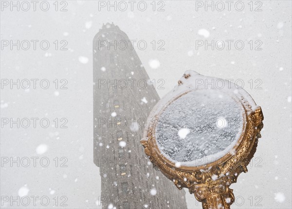 Snowy day in urban setting.