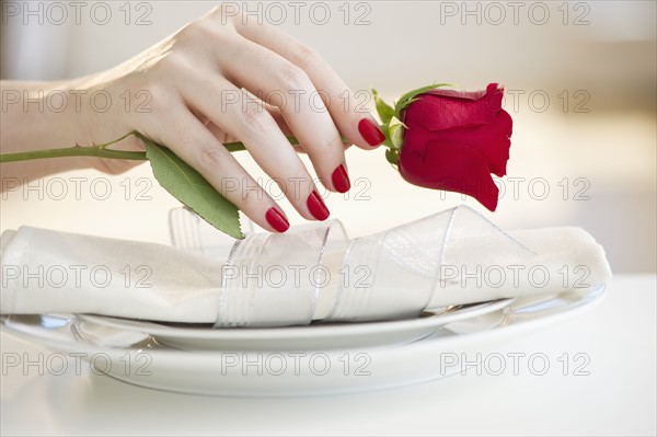 Hand putting a red rose on a place setting.