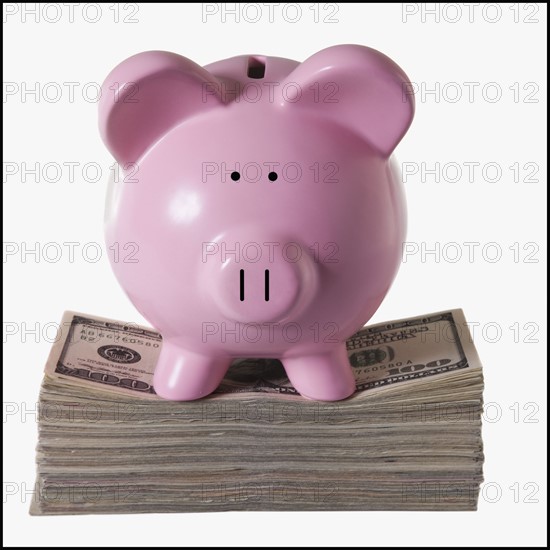Piggy bank on top of a pile of money. Photographe : Mike Kemp