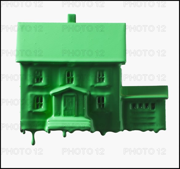 Model home covered in green paint. Photographe : Mike Kemp