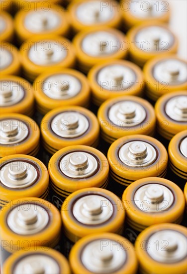 Rows of AA batteries.