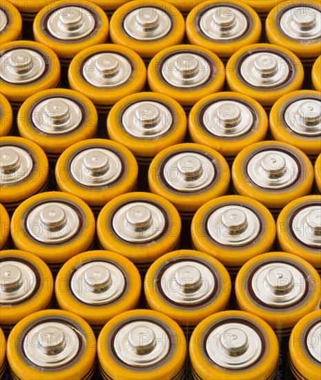 Rows of AA batteries.