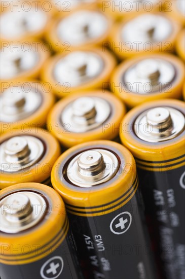 Rows of AA batteries.