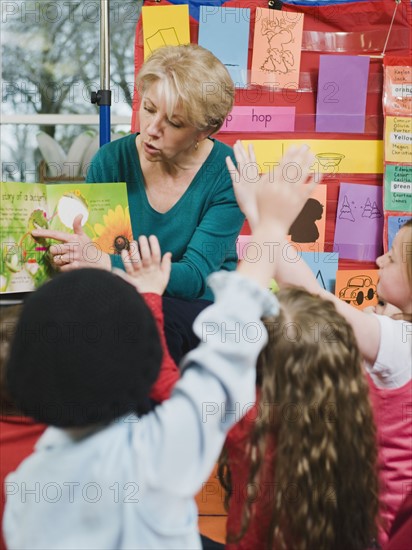 Elementary school teacher reading book to students.