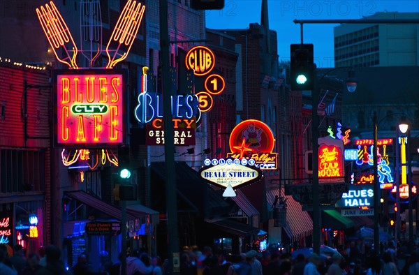 Illuminated signs on Beale Street in Memphis.