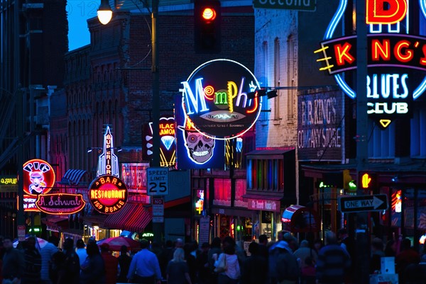 Illuminated signs on Beale Street in Memphis.