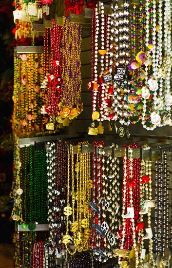 Mardi grass beads on display in a store in New Orleans.