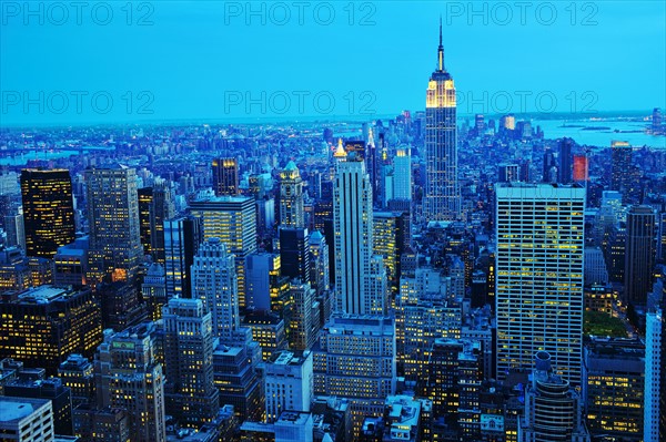 New York City skyline at sunset.