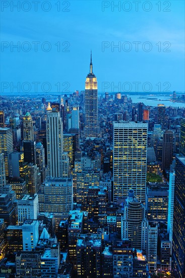 New York City skyline at sunset.