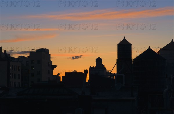 New York City skyline at dusk.