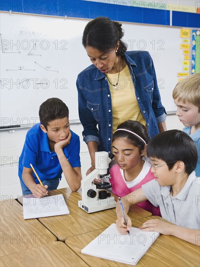 Teacher and elementary students looking at microscope.