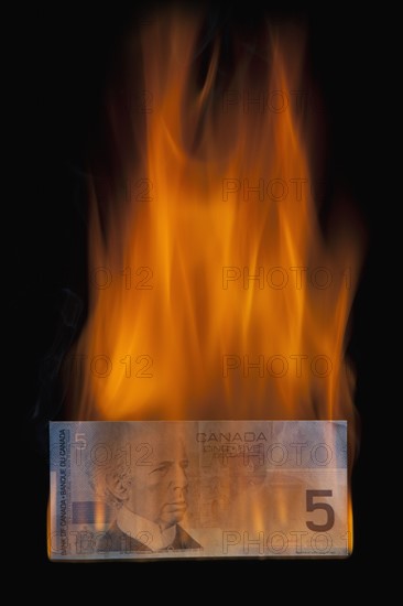 Burning 5 dollar bill. Photo : Mike Kemp