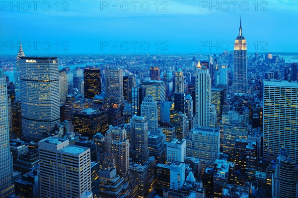 New York City skyline at sunset.