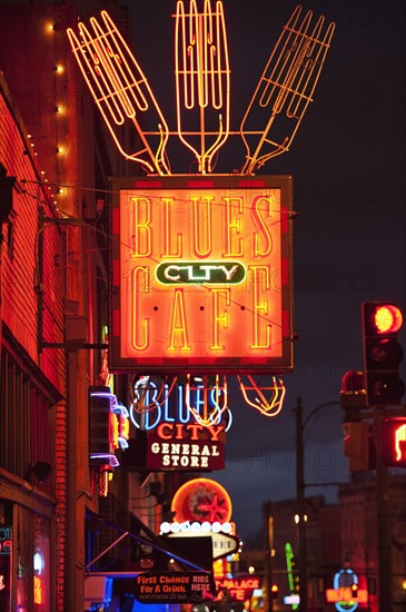 Illuminated bar signs on Beale Street in Memphis.