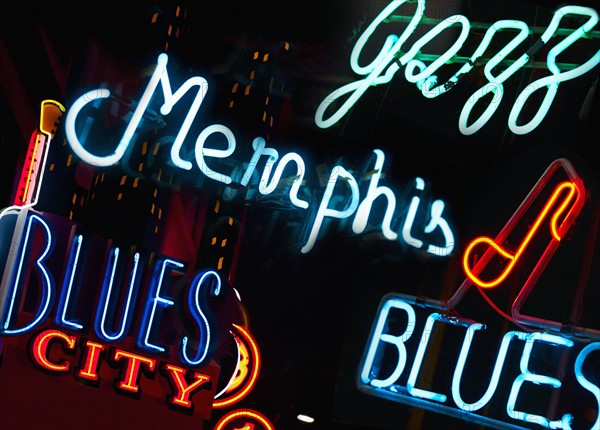 Illuminated signs on Beale Street in Memphis.