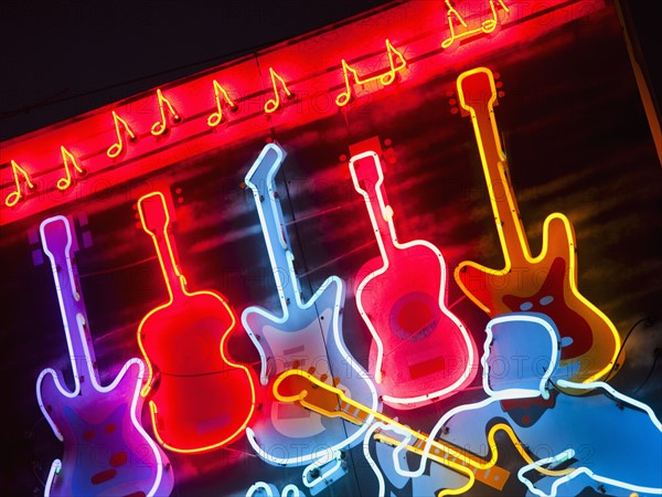 Illuminated guitars on Beale Street in Memphis.