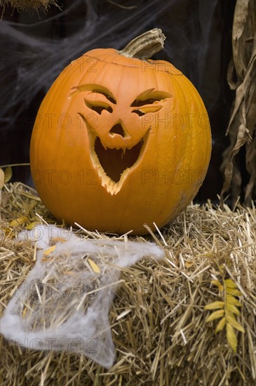 Jack-o-lantern on bale of hay. Photo. Antonio M. Rosario