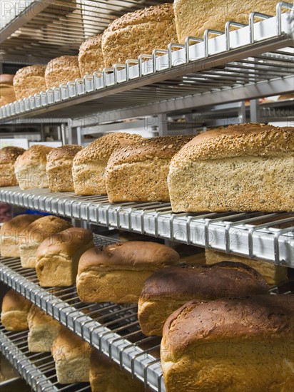 Loaves of bread on shelves in bakery.