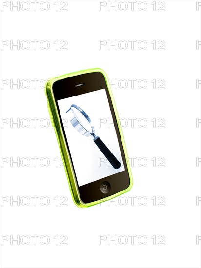 Picture of magnifying glass on cell phone. Photo. David Arky