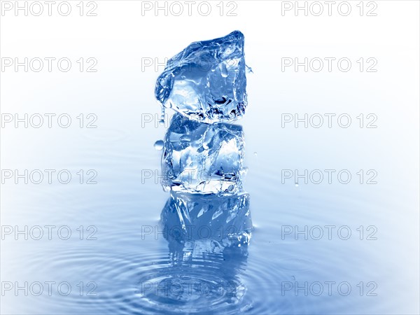 Stack of ice cubes in water. Photo. David Arky