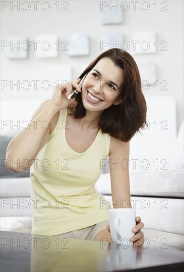 Smiling brunette woman talking on phone. Photo. momentimages