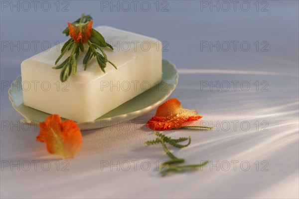 Bar of soap and gladiola petals. Photo : Daniel Grill