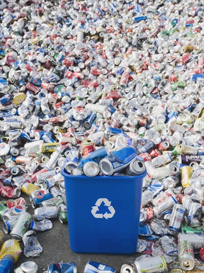 Pile of aluminum cans at recycling plant.