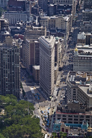 Aerial view of buildings in New York City.