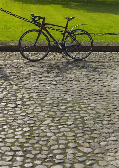 Bicycle on cobblestone path.