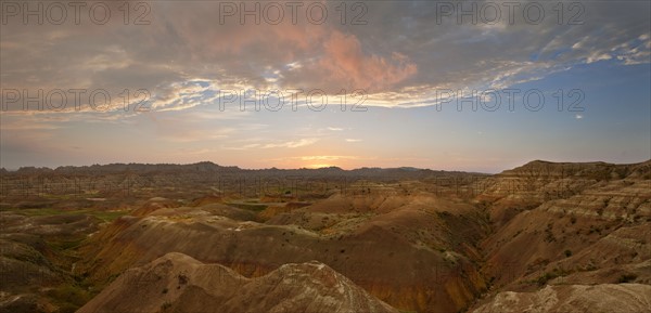 USA, South Dakota, Mountains in Badlands National Park at sunrise.