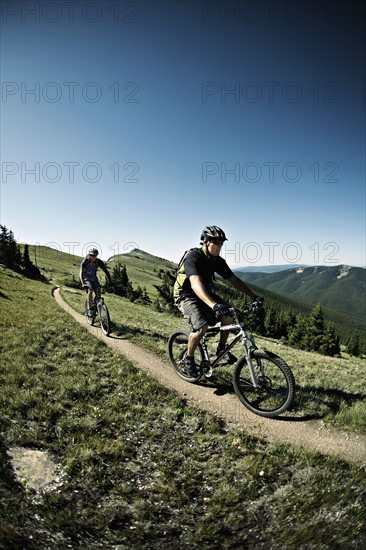 Men mountain biking on mountain track. Photo : Shawn O'Connor