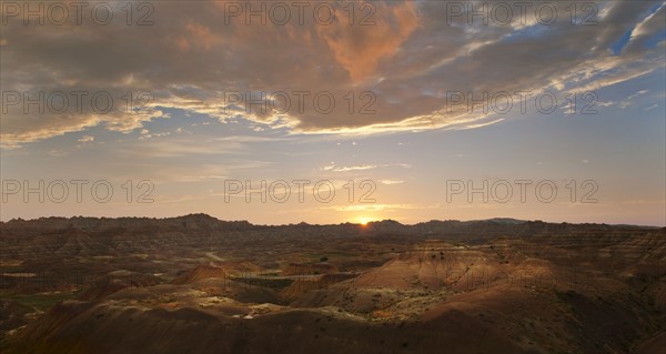 USA, South Dakota, Mountains in Badlands National Park at sunrise.