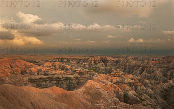 USA, South Dakota, Mountains at sunset in Badlands National Park.