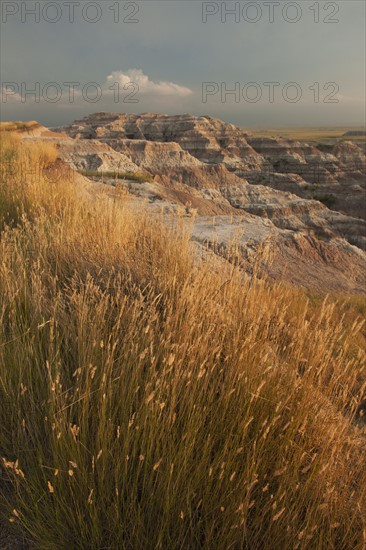 USA, South Dakota, Badlands National Park, Mountains with grass in foreground.