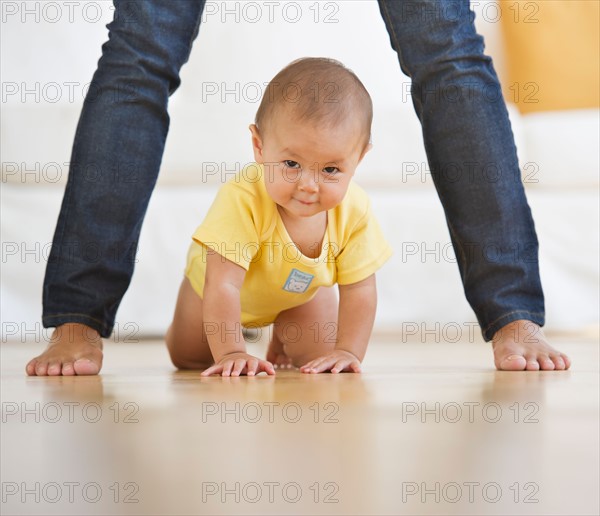 Baby boy (6-11 months) crawling between mother's legs. Photo : Daniel Grill