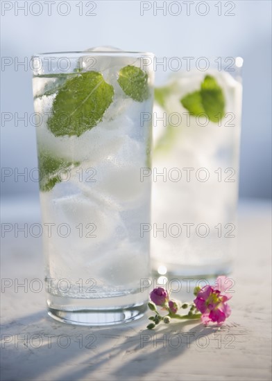 Studio shot of glasses with lemonade, flowers in the foreground. Photo : Jamie Grill