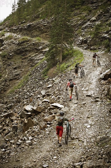 Mountain bikers pushing bikes up hill. Photo : Shawn O'Connor