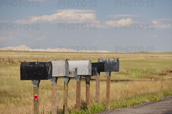 USA, South Dakota, Row of rural mailboxes on roadside in Buffalo Gap National Grasslands.