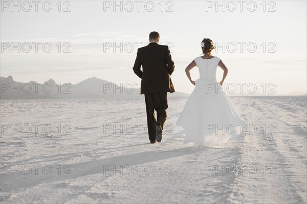 Bride and groom holding hands in desert. Photo : FBP