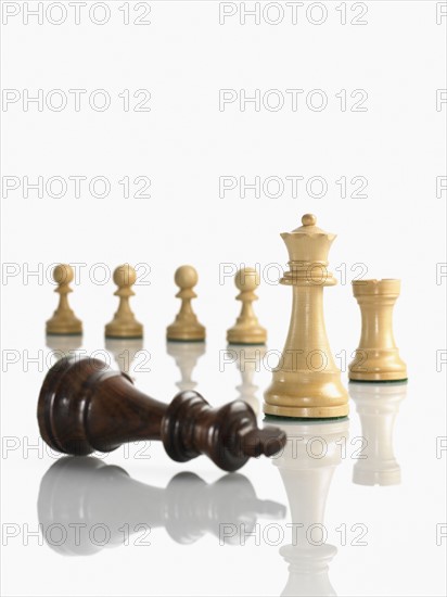 Defeated king chess piece with opposing queen, rook and pawns. Photo : David Arky