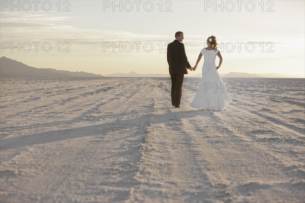 Bride and groom holding hands in desert. Photo : FBP